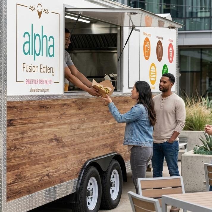 The Alpha Cafe food truck serving guests at a catering event