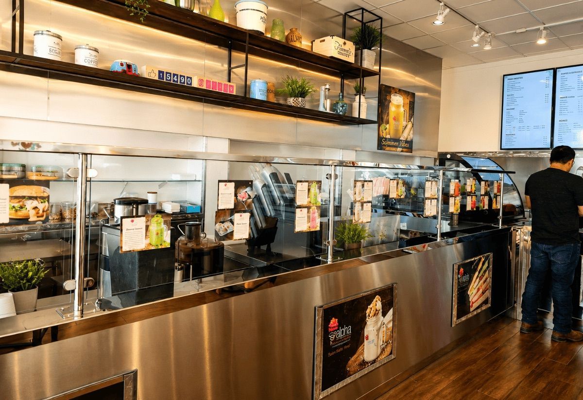 The service counter and menu boards inside Alpha Cafe on Hillcroft