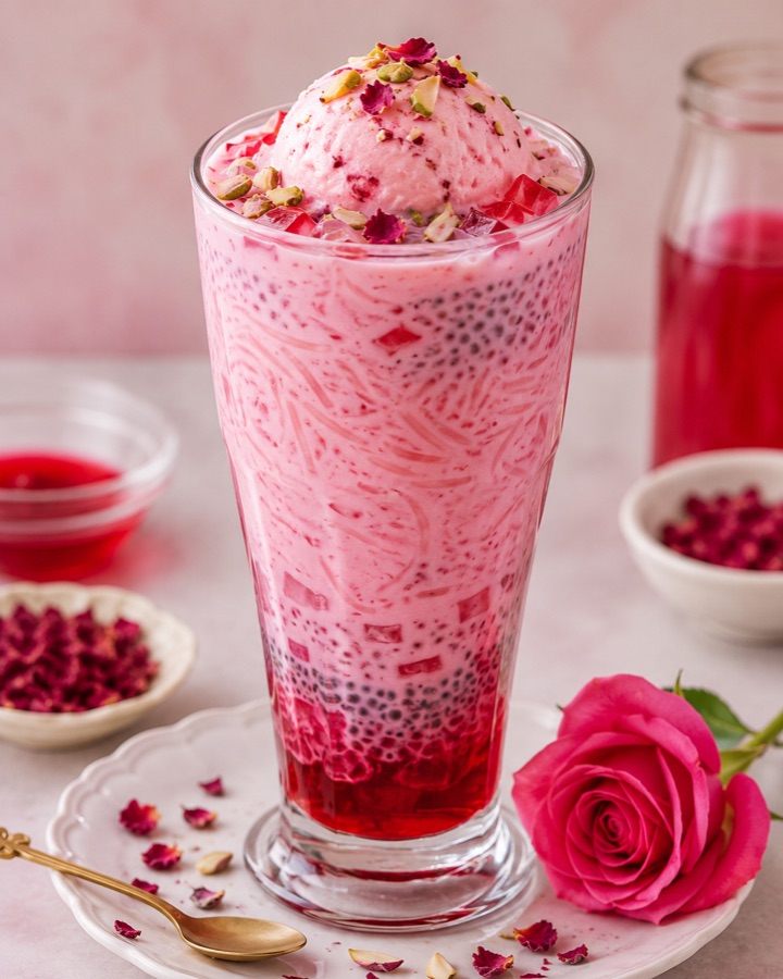 A rose falooda layered with vermicelli, basil seeds, ice cream and pistachios