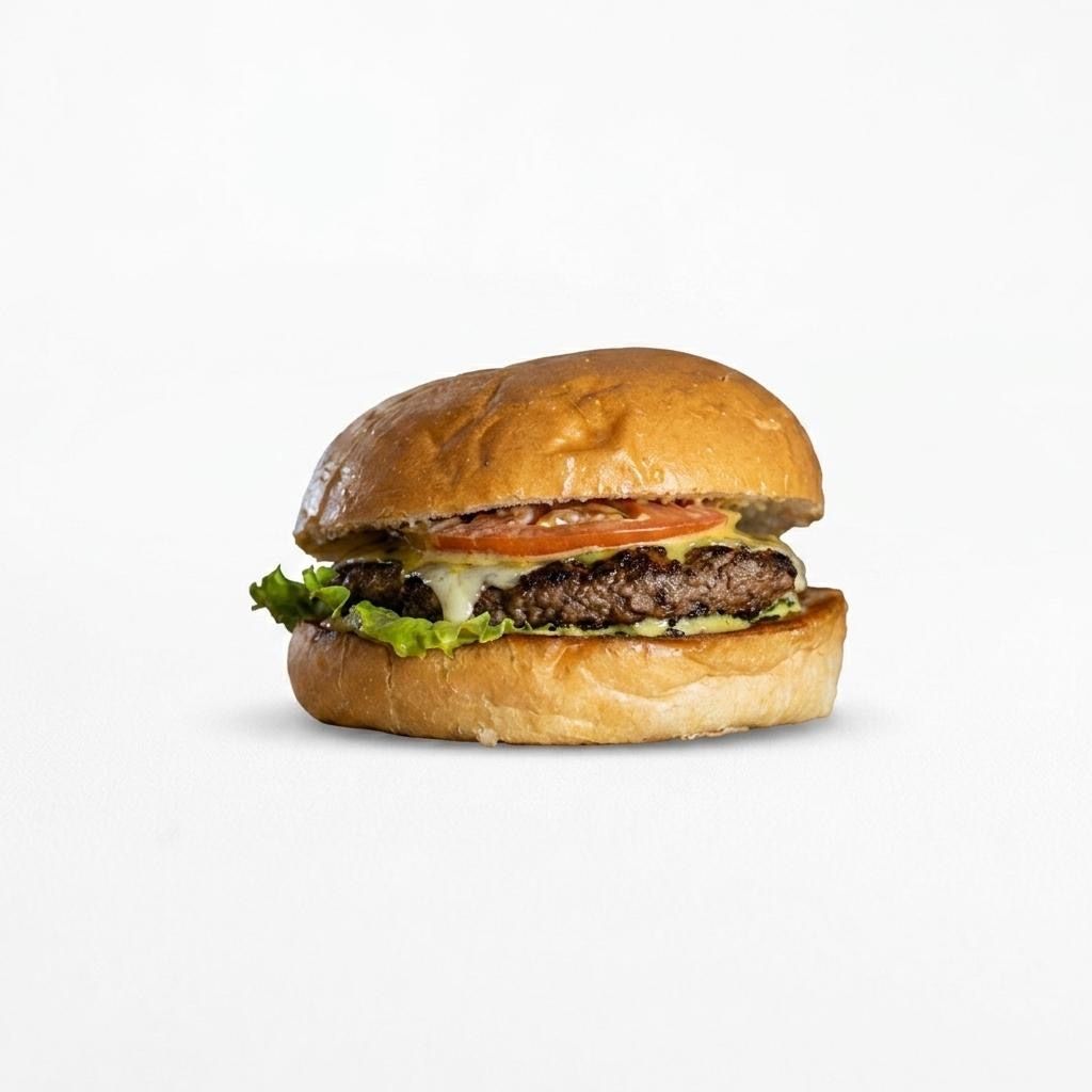 An Alpha Cafe burger with lettuce, tomato and melted cheese