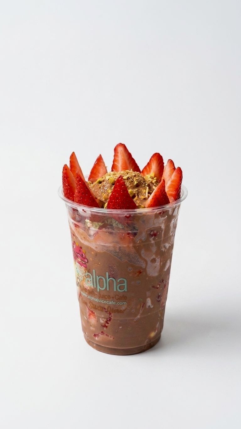A chocolate dessert cup topped with fresh strawberries and pistachio