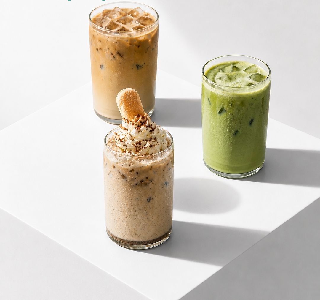 An iced latte, an iced matcha and a tiramisu coffee side by side