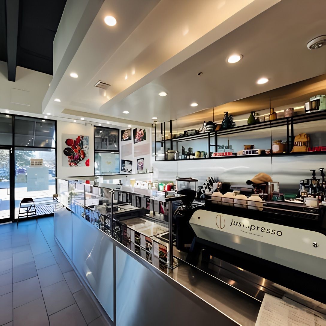The counter and Justspresso espresso bar inside Alpha Dessert Juice Cafe