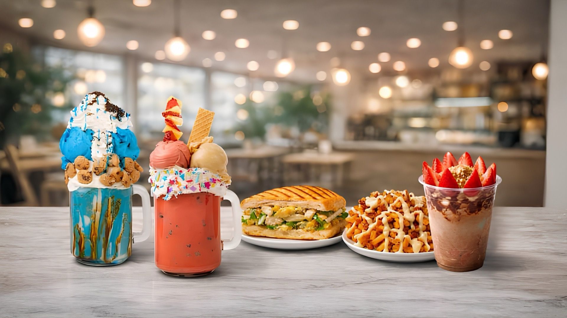 Loaded milkshakes, a panini, waffle fries and a strawberry dessert on a table inside Alpha Cafe