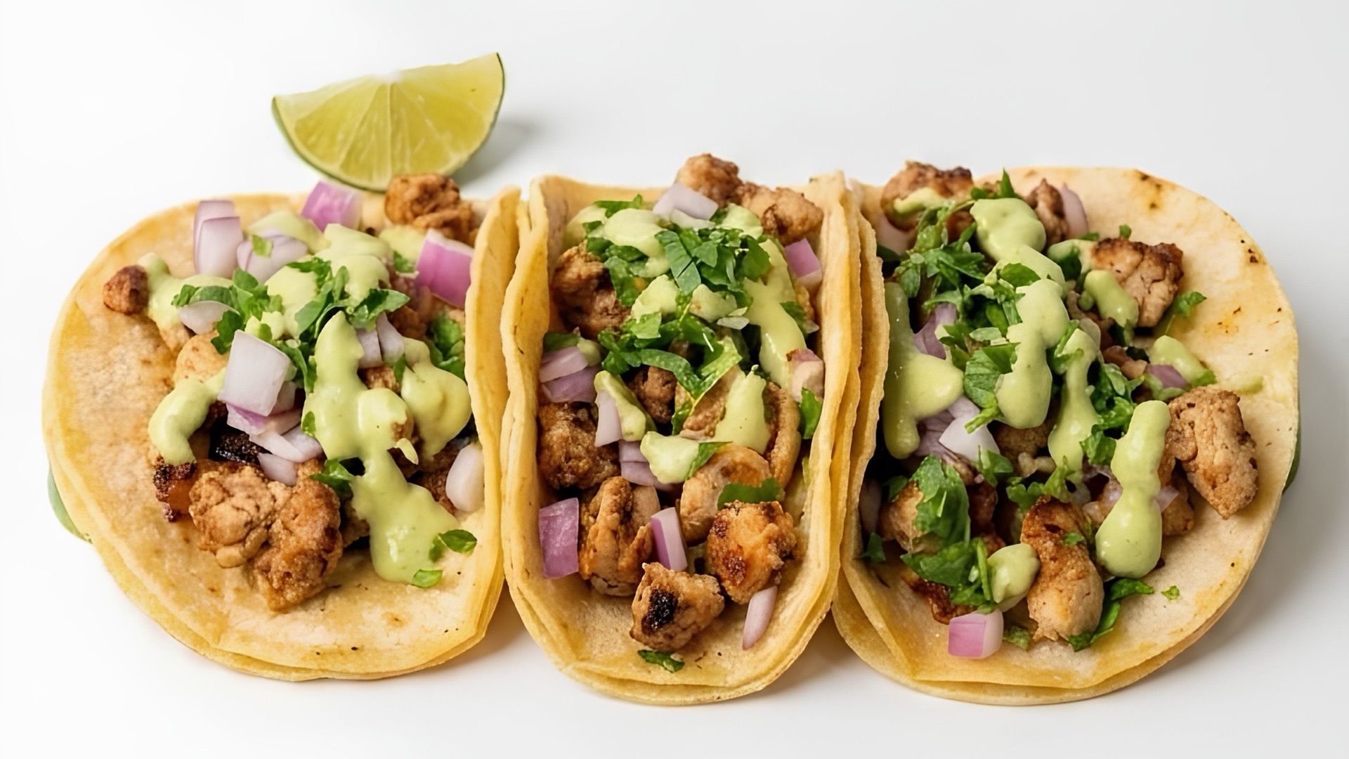 Three chicken tacos with red onion, coriander and avocado sauce