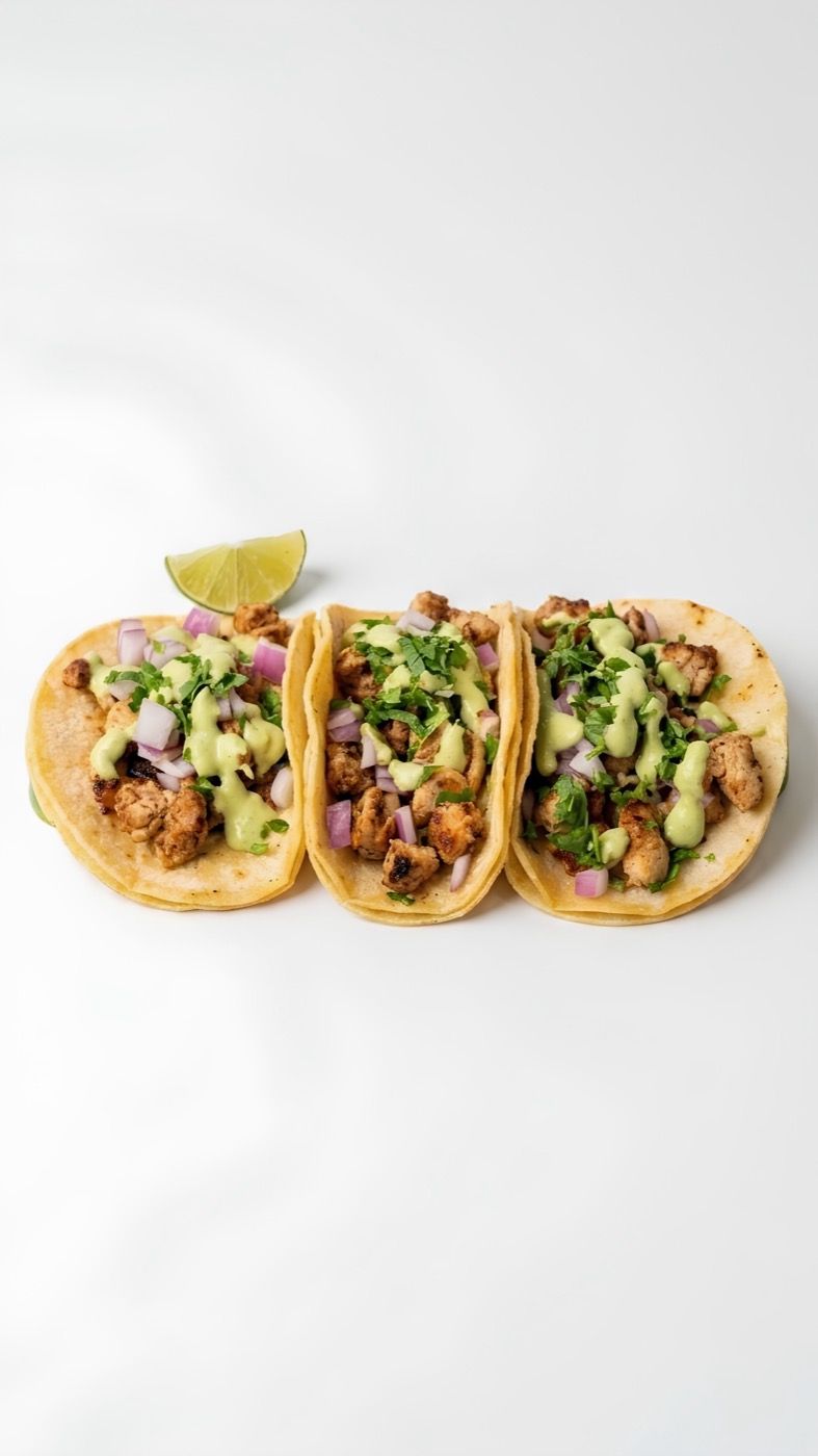 Three chicken tacos with red onion, coriander and avocado sauce