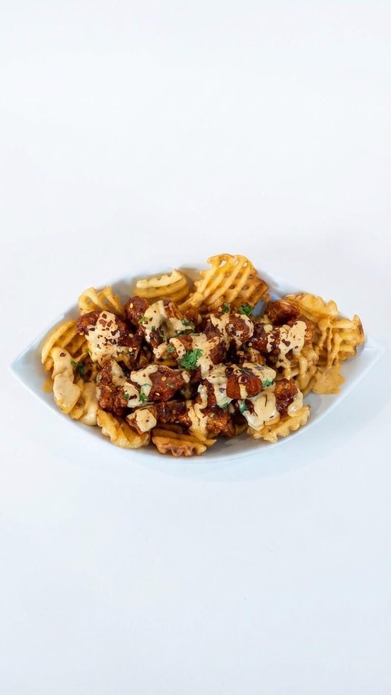 A loaded plate of spicy chicken waffle fries, made for sharing
